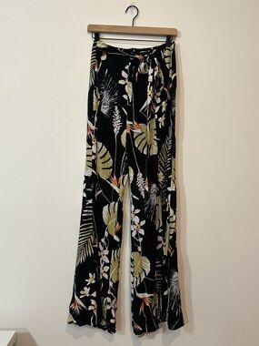 HOMMAGE Black Tropical Leaf Print Wide-Leg Pants with front slit tie front new